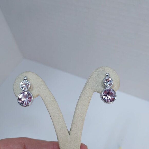 EARRINGS Silver Tone Metal pink Clear Rhinestone Dangle Costume Fashion - Picture 2 of 6